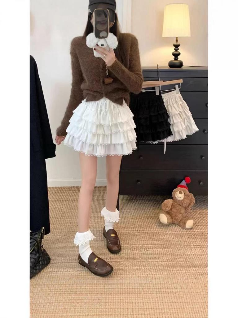 2026 Spring/Autumn Korean Lace-Trim High-Waist Slimming Short Ballet Skirt for Women