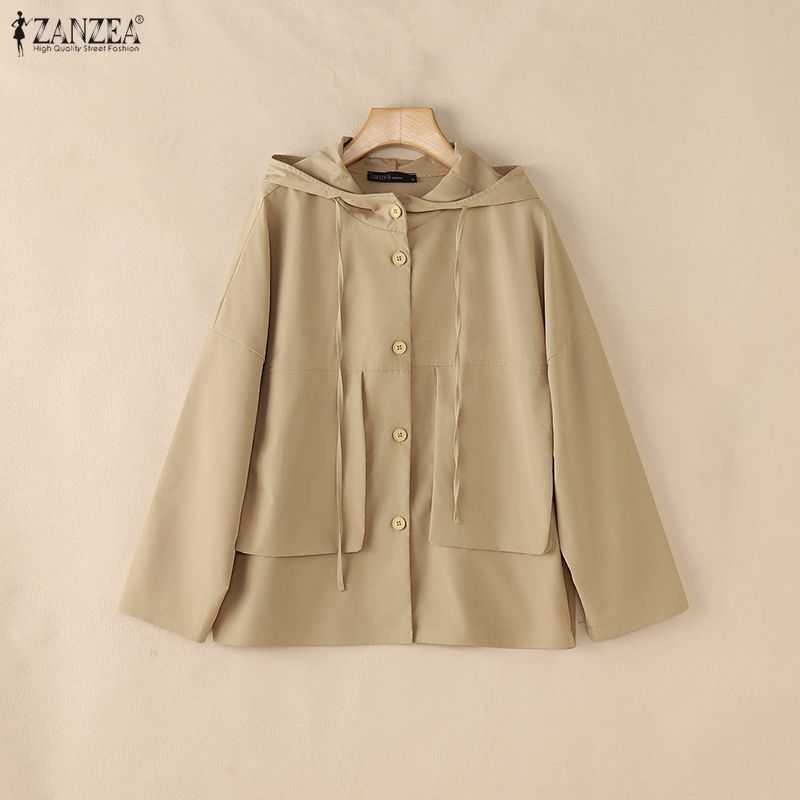 ZANZEA Women Hooded Collar Long Sleeve Patchwork Buttons Casual Hoodies Blouse