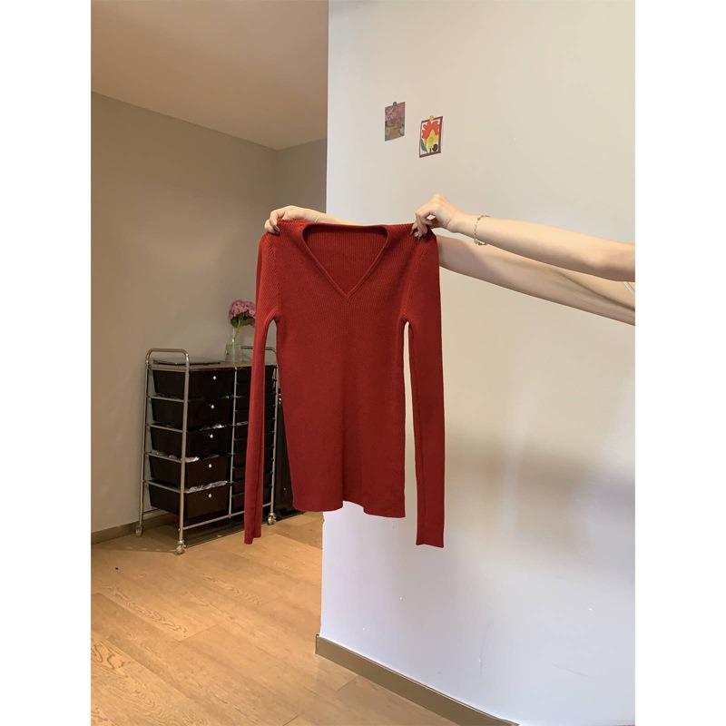 Solid Color V-neck Knitted Bottoming Shirt Women's Autumn and Winter New Inner Sweater Pure Desire Slim and Thin Versatile Long-sleeved Top