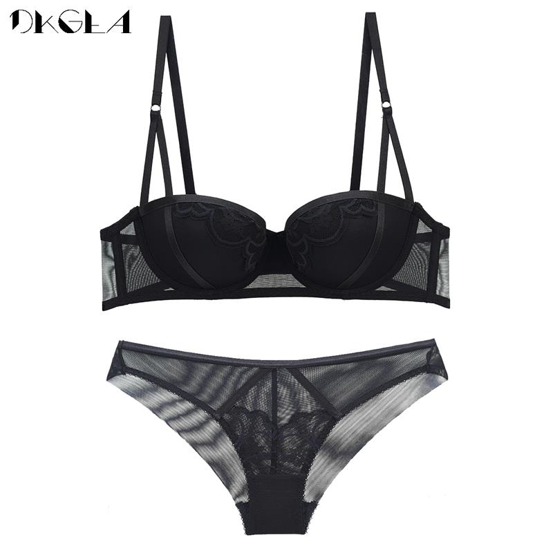 

DKGEA женский бюстгальтер пуш-ап 1/2 чашки сексуальный черный плотный комплект нижнего белья кружево 80B чёрный