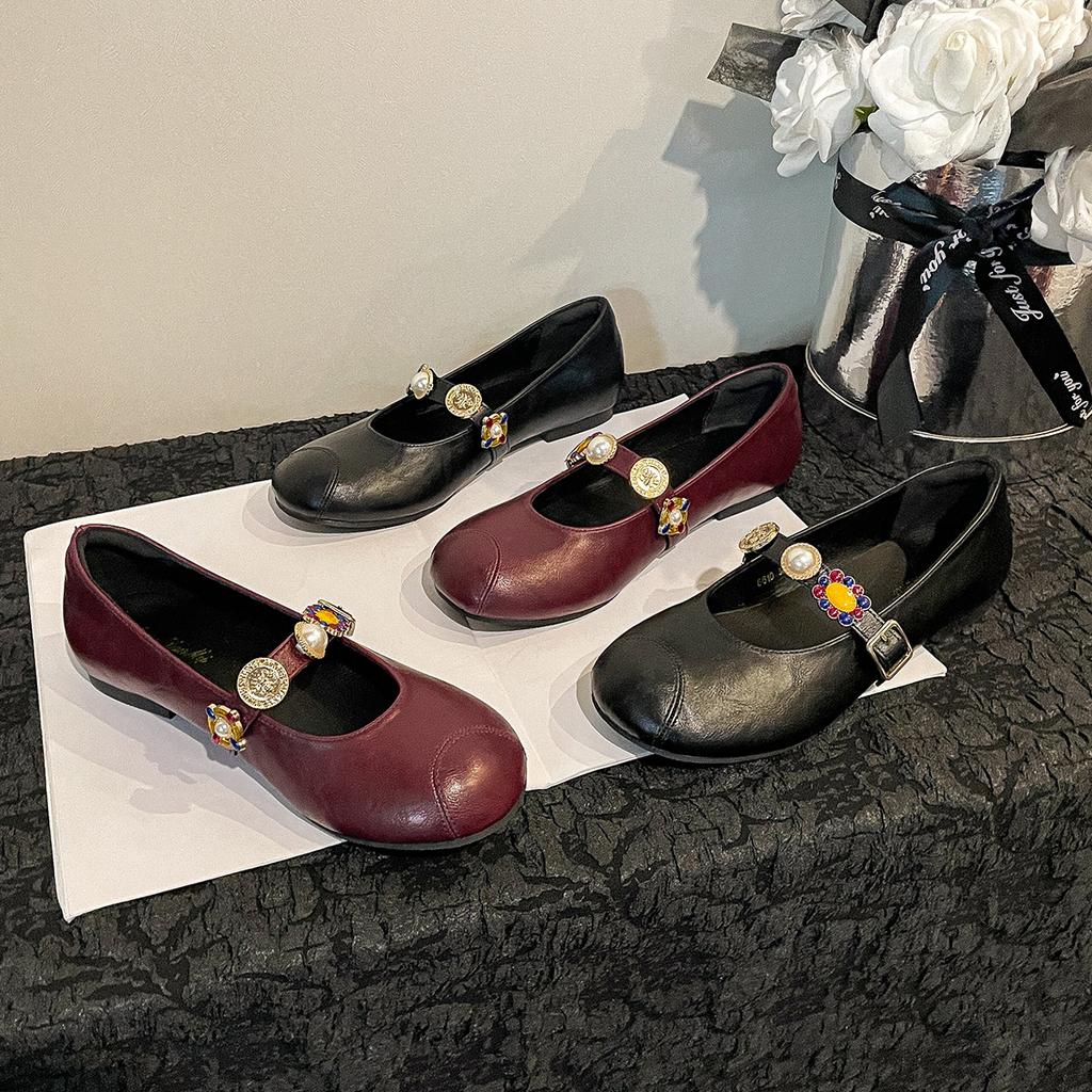 Mary Jane Shoes Female Genuine Leather 2026 New Ballet Shoes Women Round Toe Shallow Mouth Flat Ladies Shoes