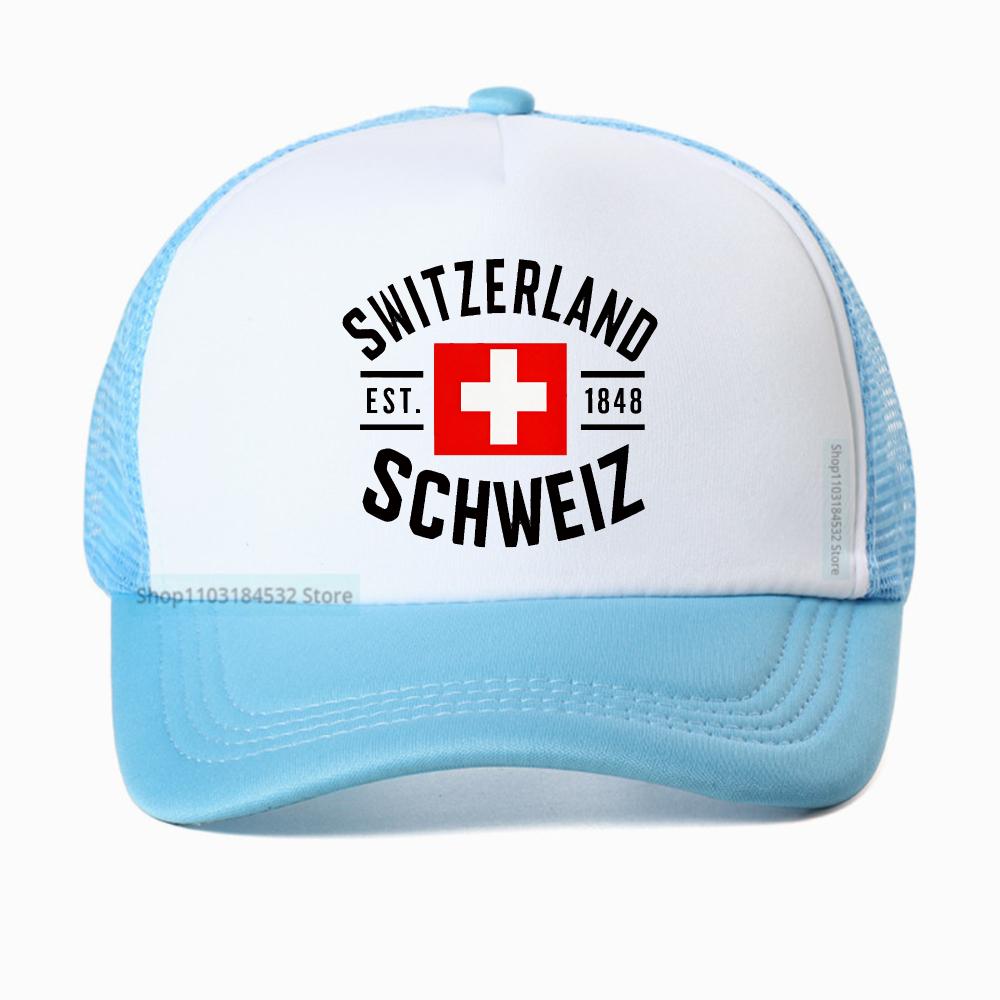 Casquette de baseball en maille respirante motif drapeau suisse pour homme et femme, chapeau trucker d'été, snapback réglable