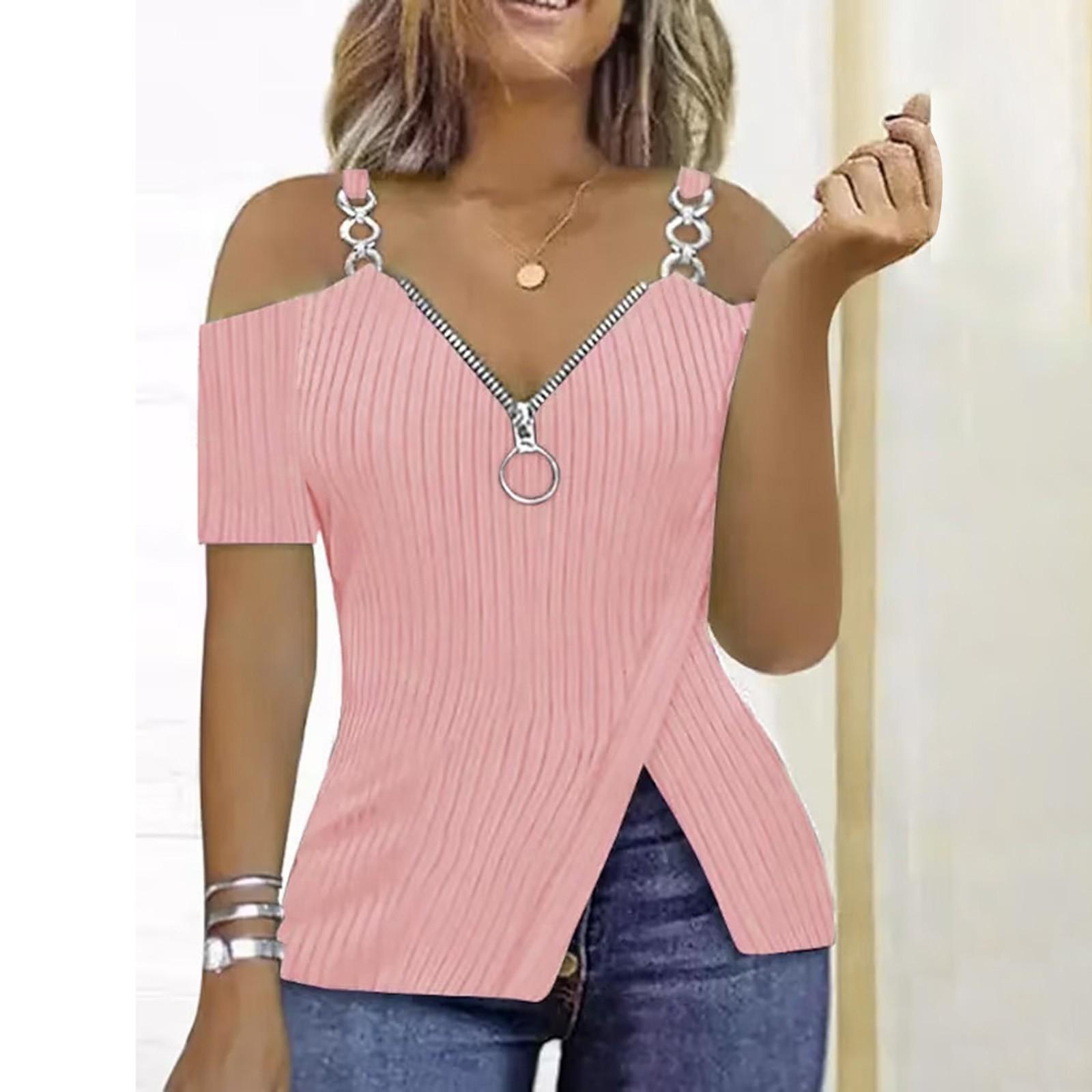 

Женская полосатая однотонная футболка с v-образным вырезом и застежкой-молнией, облегающая футболка с открытыми плечами и короткими рукавами M розовый