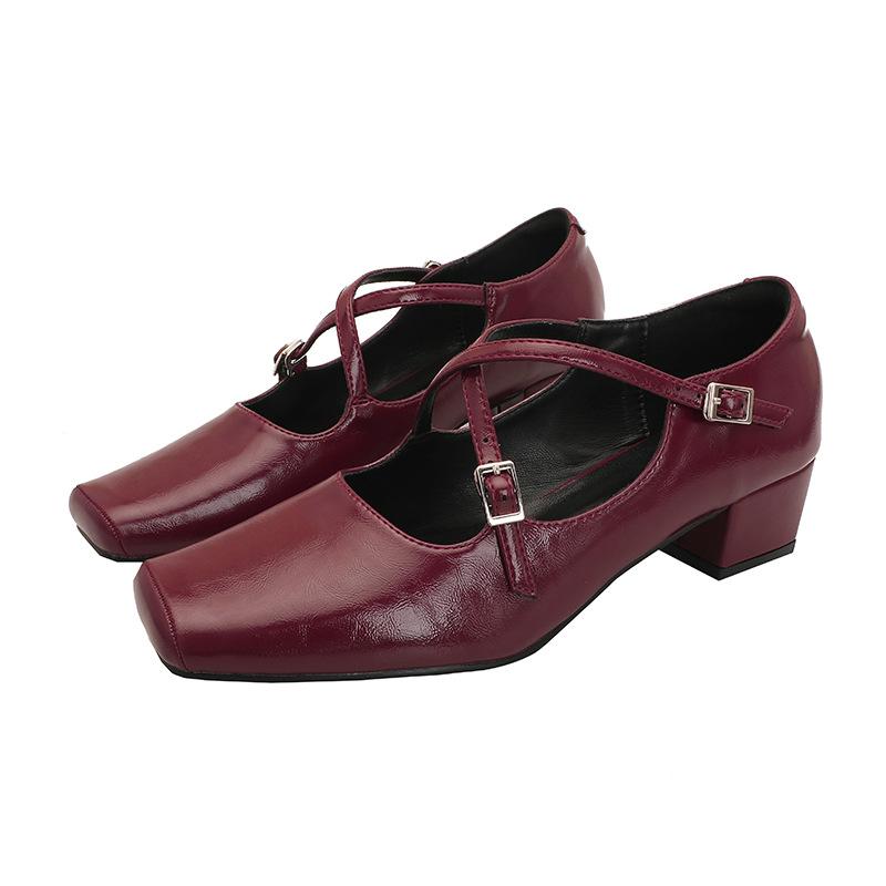French Cross Strap Mid-heeled Shoes Small Square Toe Retro Women's Shoes Thick Heel Shallow Mouth High Heels