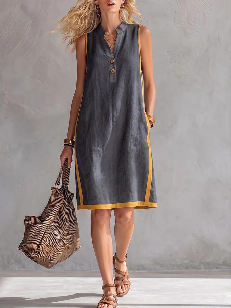 2026 European Summer Women's V-neck Sleeveless Casual Cotton Linen Dress