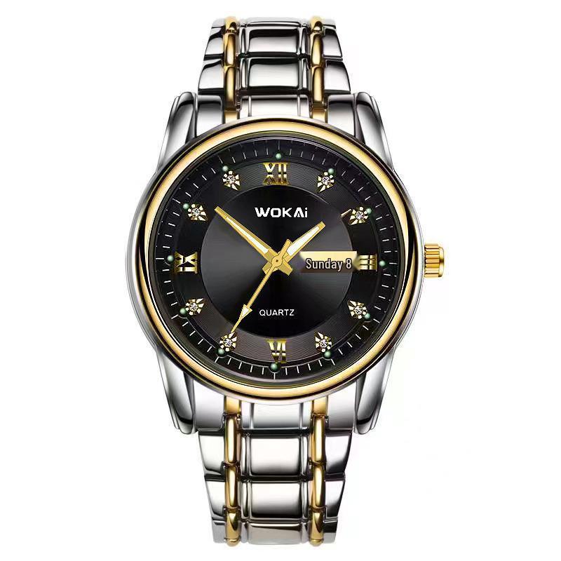Men's Waterproof Quartz Steel Band Watch with Double Calendar