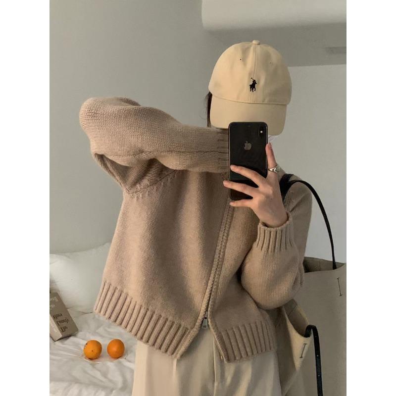 

Женская короткая оранжевая куртка-свитер на двойной молнии, новая осенне-зимняя утолщенная вязаная куртка, облегающий короткий топ One size верблюд