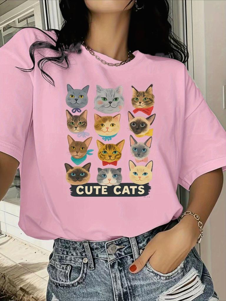 Womens Casual Short Sleeved Round Neck T-shirt with Various Cute Cat Patterns Printed Summer Womens Tops Casual Clothing
