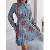 New Elegant Floral Tie Waist Long Sleeve Pleated Skirt Women's Fashion Dresses
