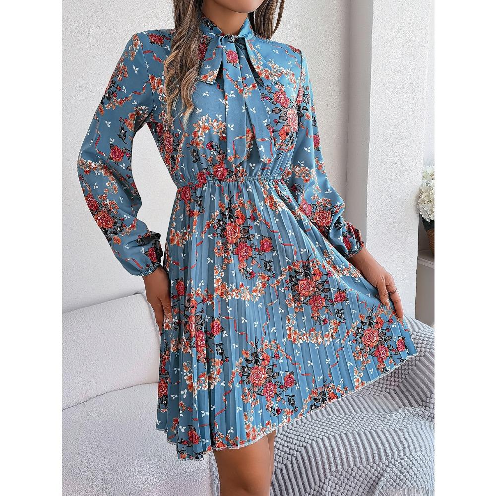 New Elegant Floral Tie Waist Long Sleeve Pleated Skirt Women's Fashion Dresses