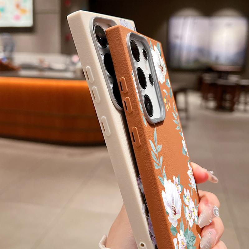 For Samsung S25 Ultra S24 FE S23 S22 A16 A56 A36 A55 A26 A35 Case Flower Pattern Slim Shockproof Matte Leather Texture TPU Soft Lanyard Phone Cover