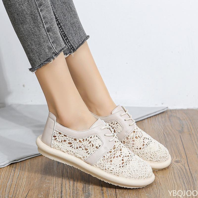 Fashion Flat toe women's sandals with mesh casual comfortable simple breathable lace up low cut hollowed out single women's shoes