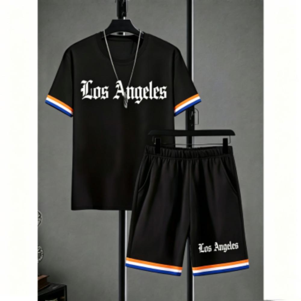 Fashion Men's Set Letter Stripe Printed Men's T-shirt and Shorts 2 Piece Set Summer Casual Outdoor Men's and Women's T-shirt Sets
