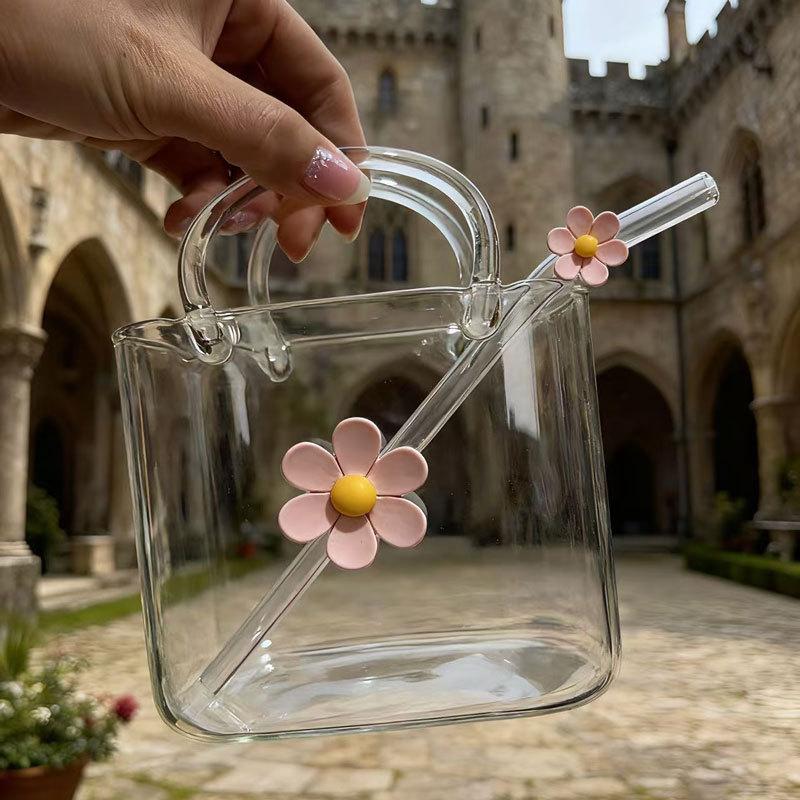 

Purse Drinking Glass With Flower Straw, Glass Purse For Drinks, Unique Wine Glasses With Flower Straw, Decorative Fish Bowl Vase