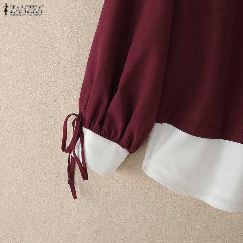 ZANZEA Women Casual Turn Down Collar Long Sleeve Loose Patchwork Blouse