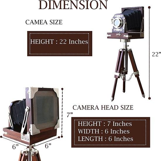 Cámara de cine con aspecto antiguo vintage Trípode de madera Coleccionable Artículo de regalo de estudio Color marrón 55,88 cm