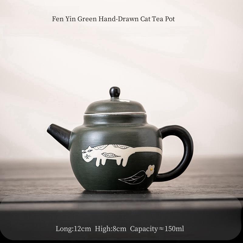 Hand Painted Cute Cat Green Ceramic Tea Pot Retro Powder Technique Tea Making Device Tea Infuser Tea Kettle Kung Fu Tea Set