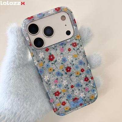INS Blue Flowers Glitter Phone Case For iPhone 17 Pro Max 17Pro Case Large Window Soft Funda for iPhone 16 15 14 Pro Max Cover