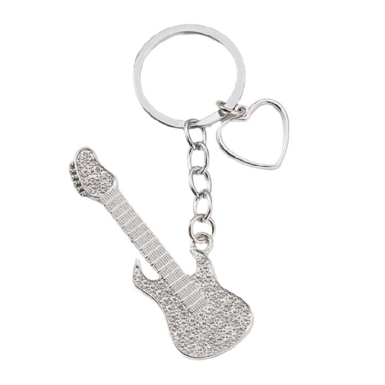 Guitar Pendant Keychain with Shimmering Stones Metal Keyring Sweet Cool Girls Key Chain Lightweight Jewelry for Bag