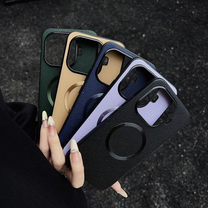 Business Unifarbene Lychee-Muster Lederhülle für Xiaomi 17T Pro Max 15Ultra Schlank Rutschfest Stoßfest für MagSafe Hülle Funda