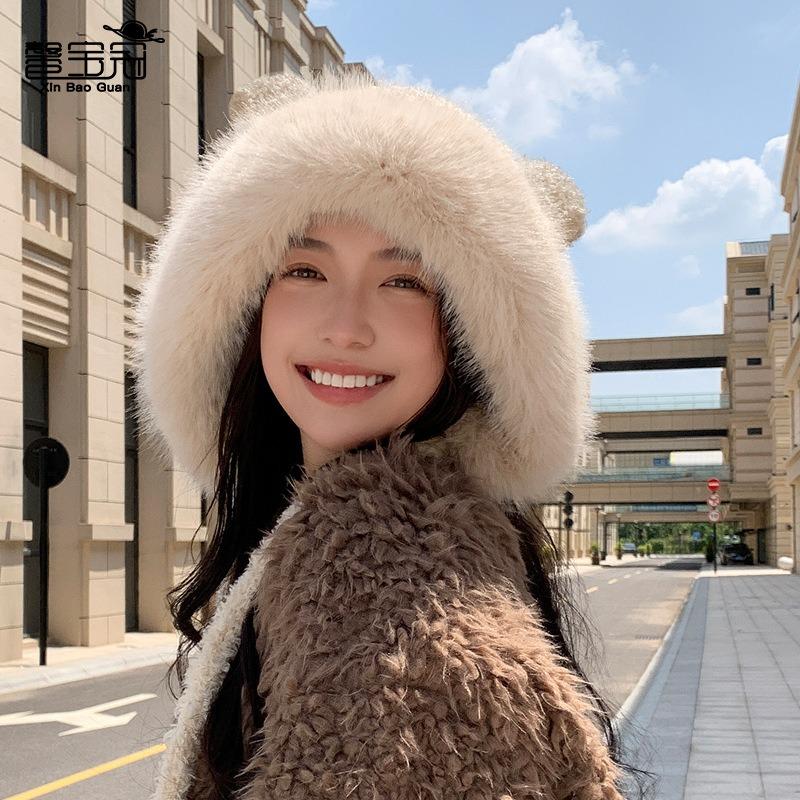 Autumn and winter warm ear protection knitted hat versatile thickened cold-proof plush bear ears wool hat female