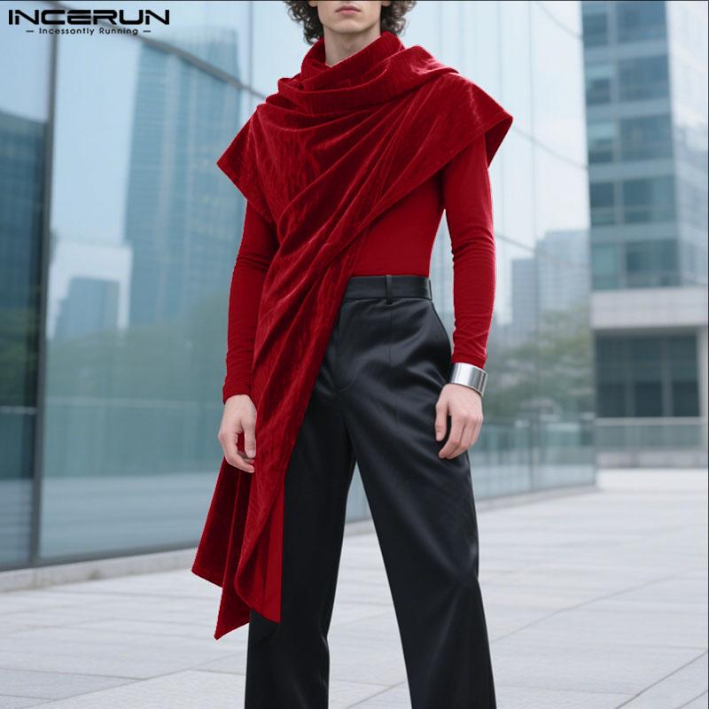 INCERUN Autumn Men High Neck Long Sleeve Fake Two-piece Velvet Casual Tops Pullovers