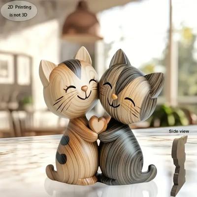 Wooden Kitten Couple Sculpture 2D Flat Art Piece Wood Grain Elegant Desktop Entrance Decor Romantic Gift for Wedding Anniversary
