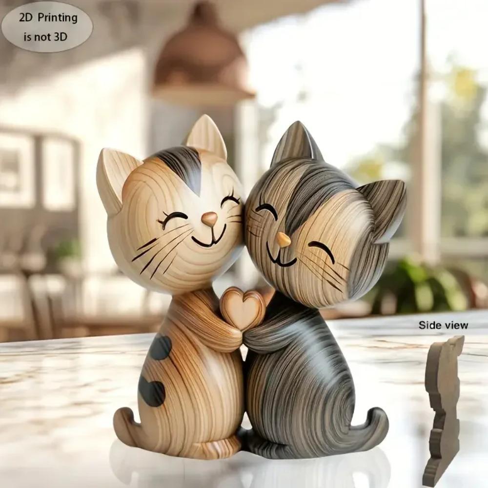 Wooden Kitten Couple Sculpture 2D Flat Art Piece Wood Grain Elegant Desktop Entrance Decor Romantic Gift for Wedding Anniversary