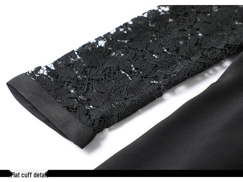 Black Hepburn-Style Patchwork Lace A-Line Dress - Plus Size, Mid-Length, Autumn/Winter Collection