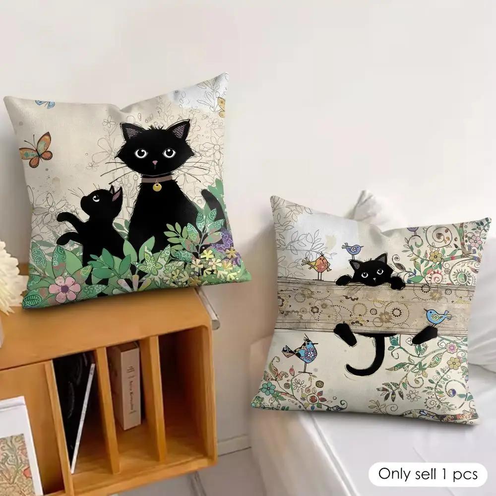 Cartoon Little Black Cat Cushion Cover Silky Short Plush Invisible Zipper Dustproof Sofa Pillow Case For Home Decor