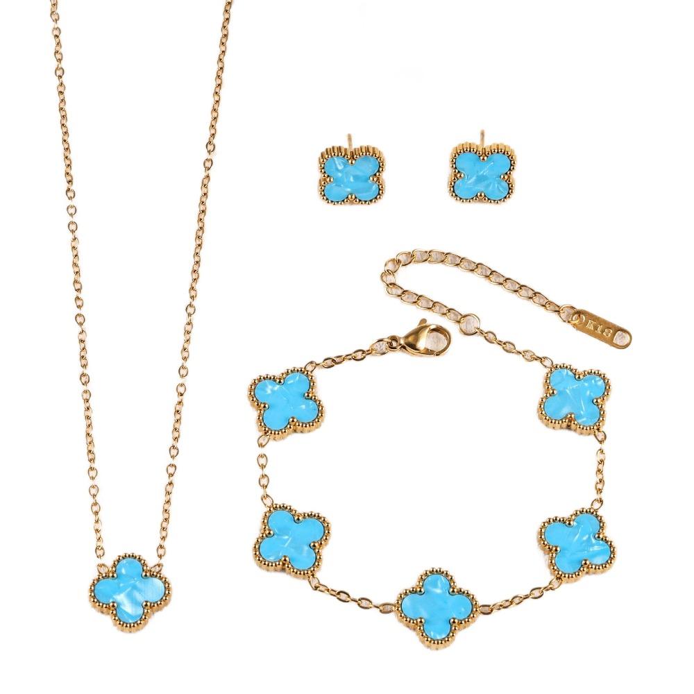 Four-leaf Clover Three-piece Necklace Bracelet and Earring Set - A Luxurious and Colorful Fashion Accessory Set