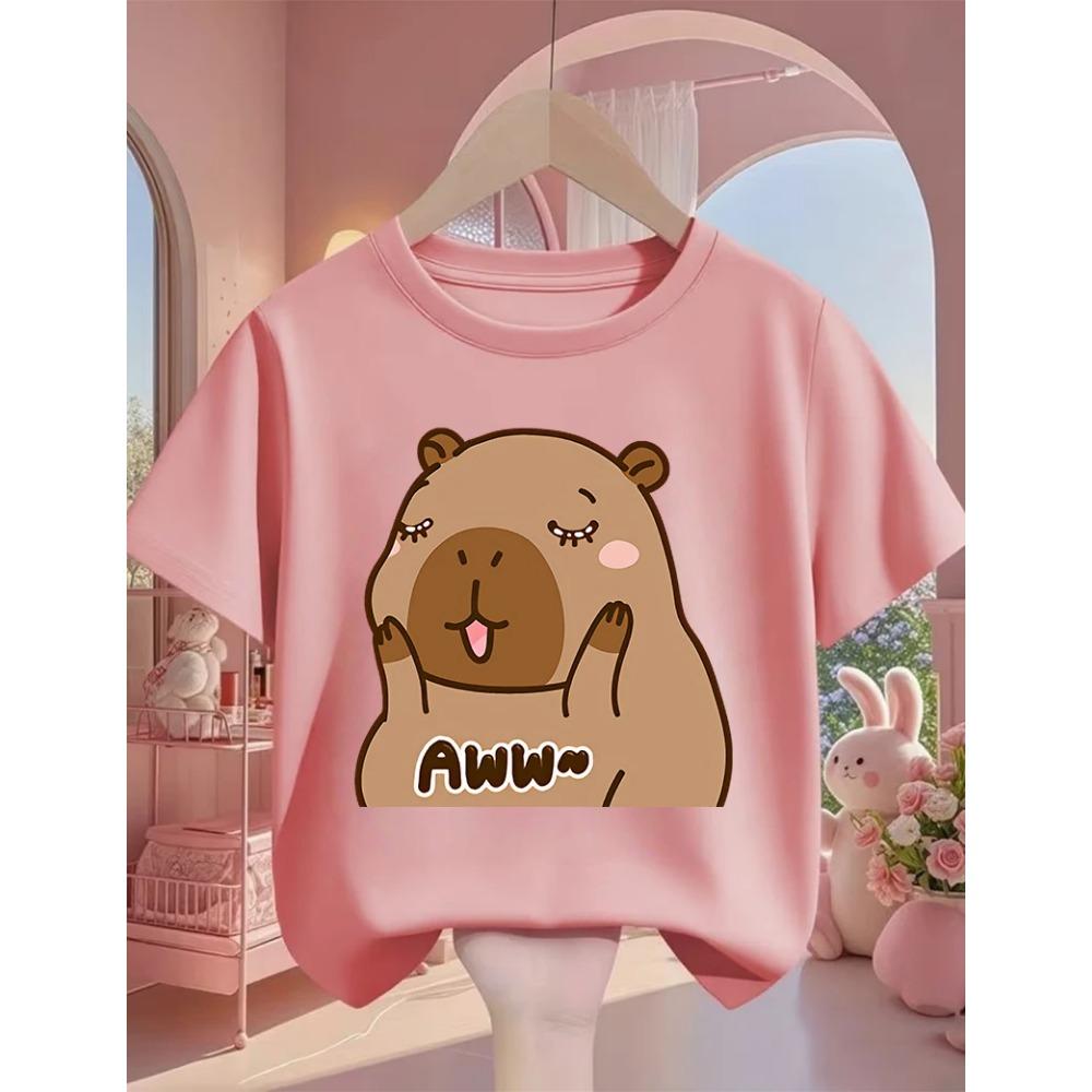 Cute Kawaii Capybara Crew Neck T Shirt Summer 3-14Y Boys Girls Fashion Street Hot Cartoon Casual Children