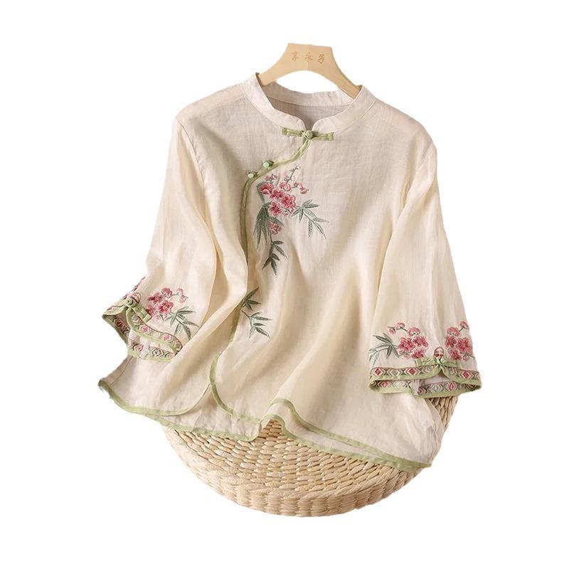 Summer New Retro Buckle Stand-up Collar Diagonal Placket Ethnic Style Embroidered Cotton and Linen Seven-quarter-sleeved Shirt Top Women