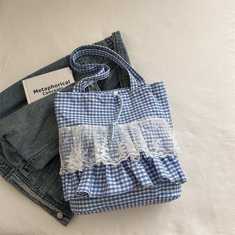 Sweet Plaid Lace Ruffled Drawstring Shoulder Bags for Women Large Capacity Ladies Tote Bag Lightweight Girls Handbags Tote
