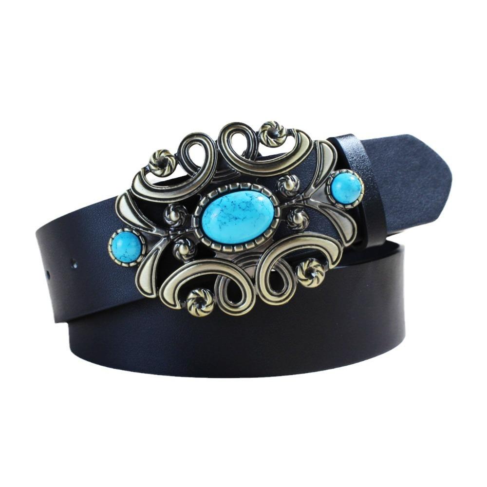 Bohemian Court Style Retro Ethnic Imitation Turquoise Black Decorative Belt Rose Pattern Embossed Wide Belt Female