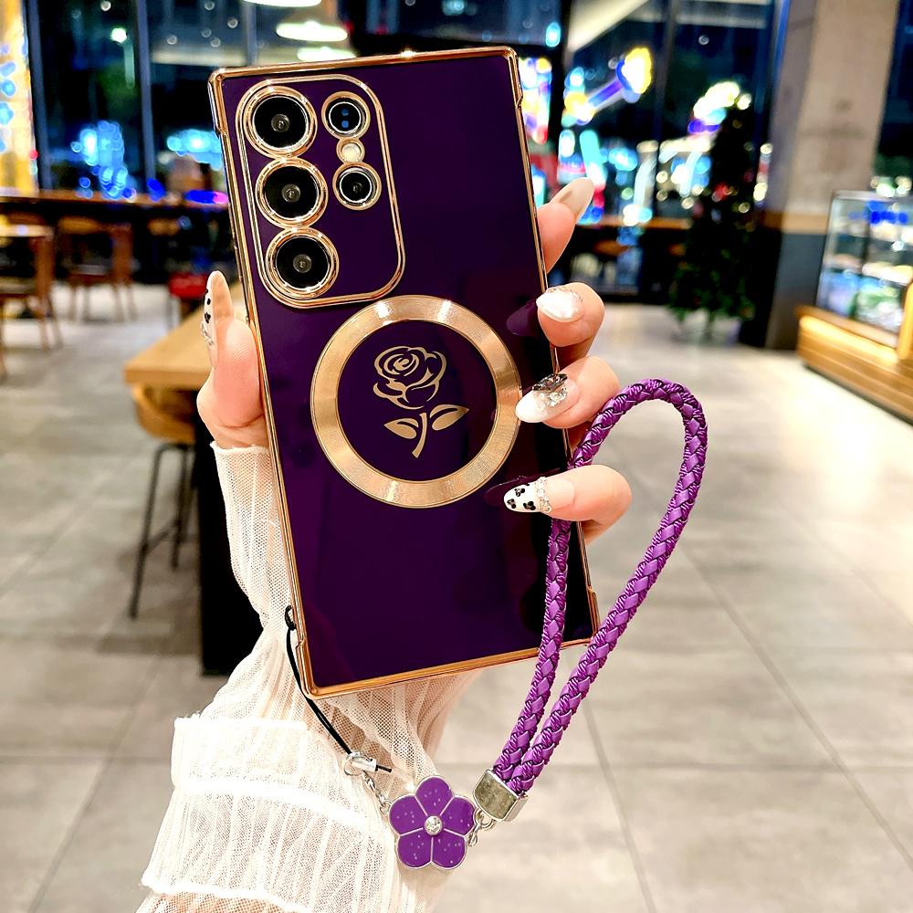 Plating Soft TPU Rose Case For For Samsung Galaxy S26 S25 S24 S23 S22 S21 Ultra Plus S25Ultra Magsafe Charge Cover Lanyard Bracelet