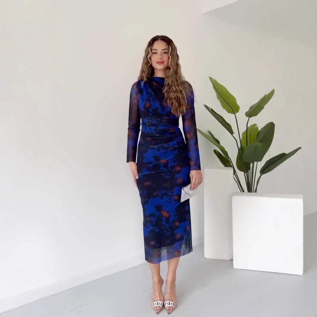 2025 Autumn Women s Retro Casual Print Dress - European & American Style, Round Neck, Waist-Cinching Elegant Fashion XXL глубокий/синий