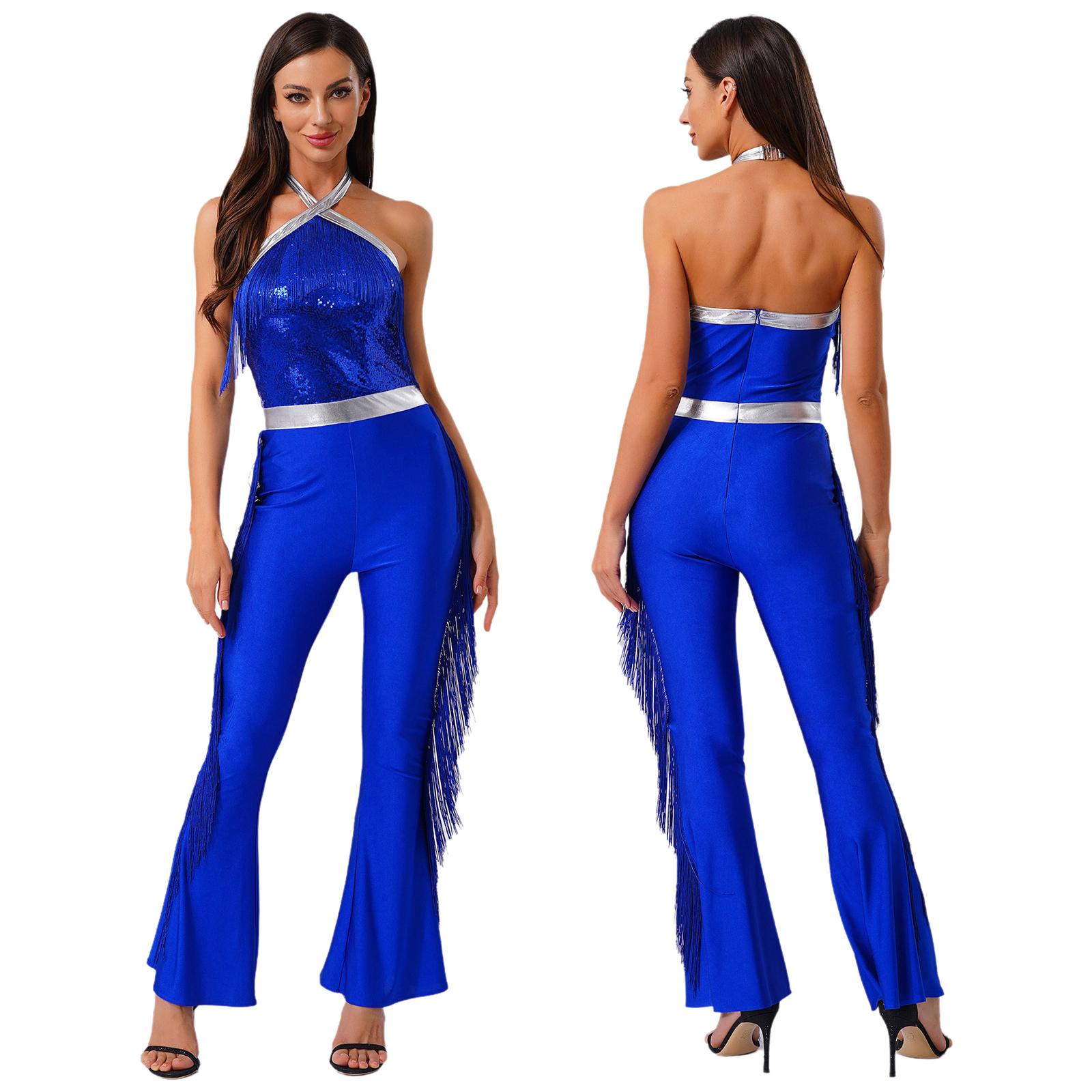 Femmes Années 70-80 Disco Latin Jazz Danse Cha-cha Body Brillant Paillettes Franges Combinaison Halloween Carnaval Cosplay Costume de Performance M