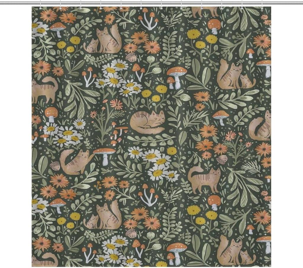 Cartoon Cute Forest Shower Curtains, Fairy Tale Mushroom Cat Flower Floral Leaf Green Pattern Decor Print Bath Drapes Set