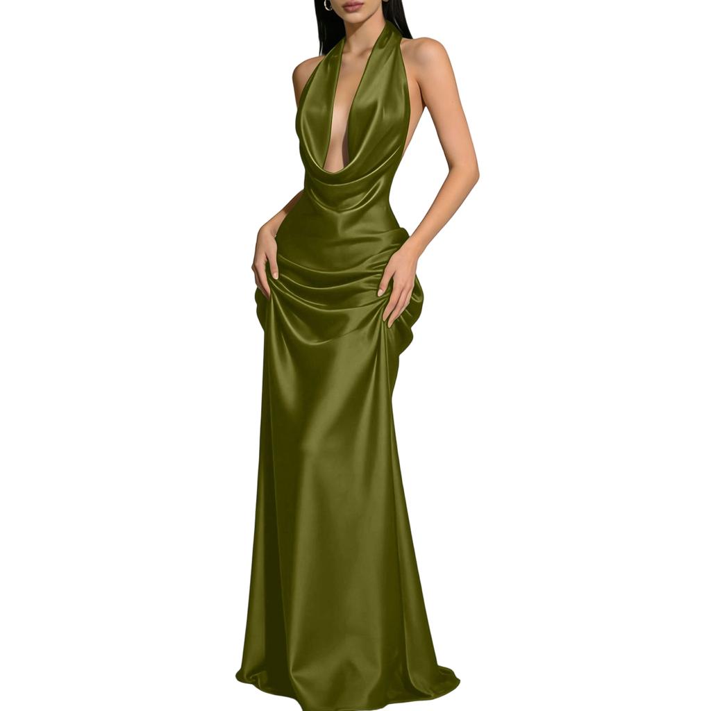 Vestido de Noche Satinado para Mujer con Cuello Halter, Espalda Baja y Escote Drapeado tipo Bufanda, Sin Mangas, Largo Formal para Ocasiones Especiales