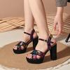 Fashion 2025 Women's Shoes Buckle Strap Women's Sandals Fashion Printing Dress Sandals Women Summer Plus Size Peep Toe Heeled Sandals