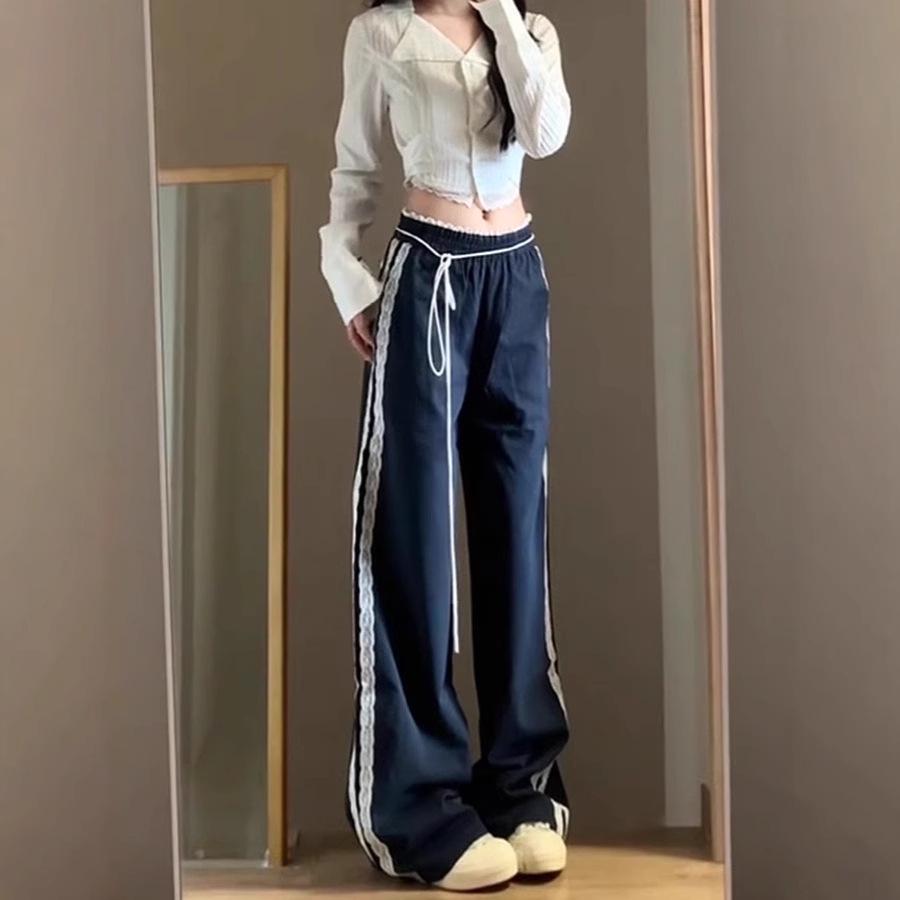 2025 Women's High Waist Lace Trim Wide Leg Casual Pants - Early Autumn