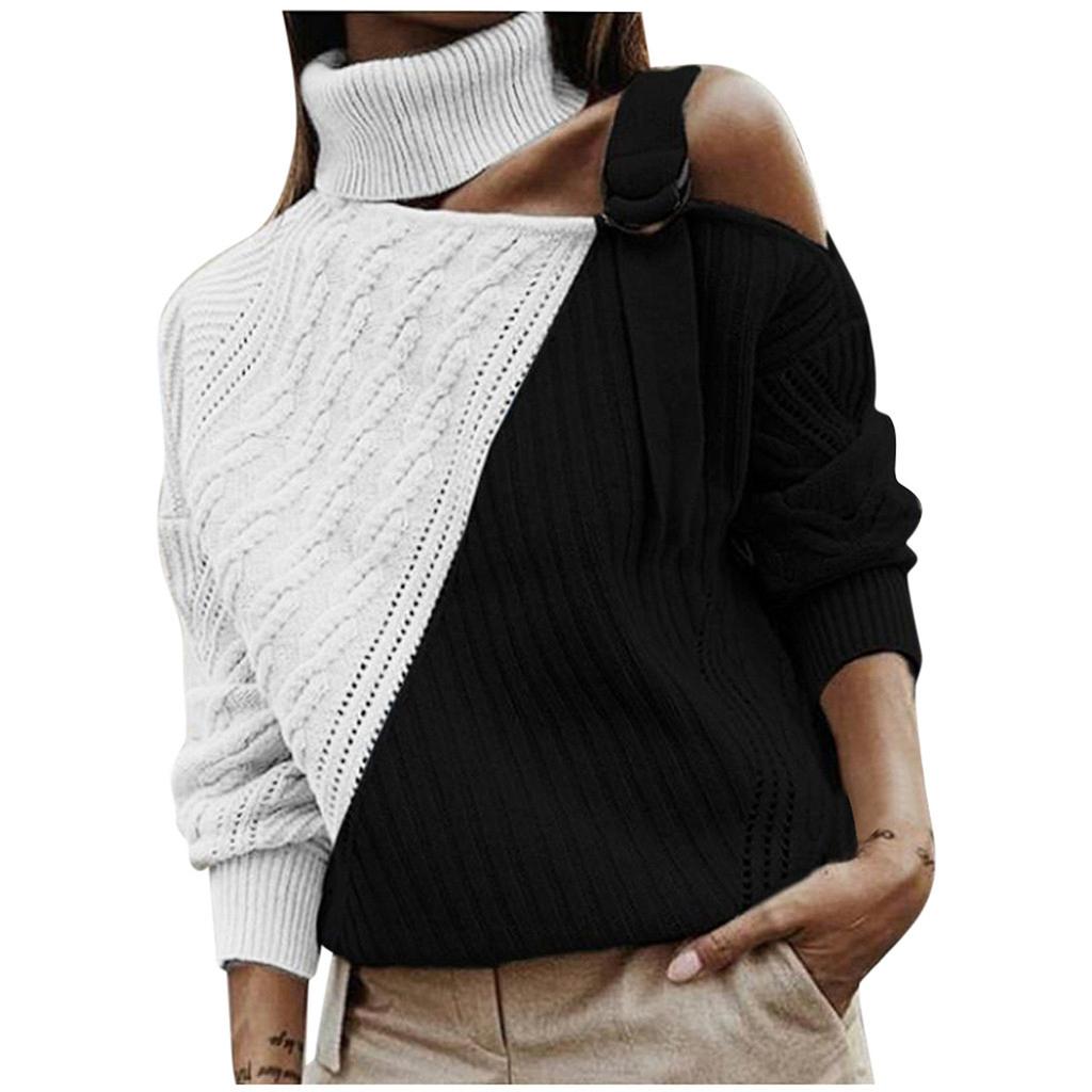 Women's  And Winter Loose Two-color Contrast Stitching Long-sleeved Stand Collar One Side Strapless Knit Sweater Top
