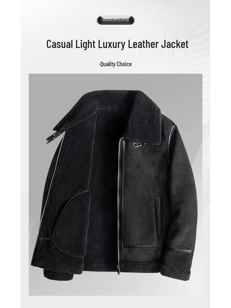 2024 Men's Trendy Shearling Lined PU Leather Motorcycle Jacket