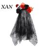 Skull Pumpkin Accessory Floral Headband, Stable Hair Hoop with 3D Artificial Gothic Halloween Headpiece Flowers And Spiderweb Black Gauze Party
