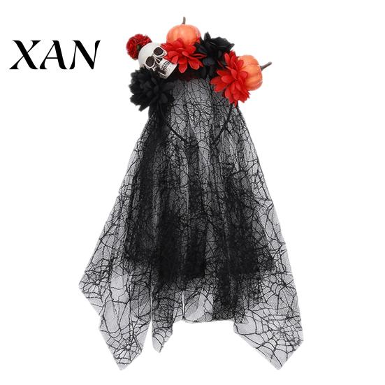 Skull Pumpkin Accessory Floral Headband, Stable Hair Hoop with 3D Artificial Gothic Halloween Headpiece Flowers And Spiderweb Black Gauze Party
