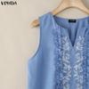 VONDA Summer Women O Neck Sleeveless Embroidery Casual Long Ruffled Tank Dress