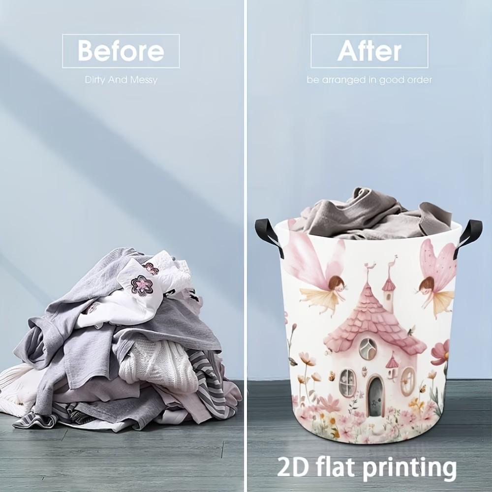 Pink Fairy Tale Castle Elf Pattern Round Washable Laundry Hamper for Girls