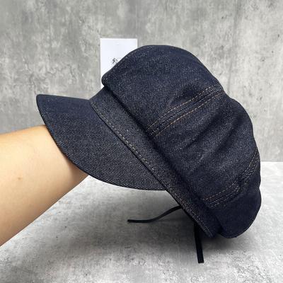 Simple Retro Style Black And Blue Denim Bright Line Octagonal Hat Women'S Three-Dimensional Quite Wide Newsboy Hat Plain Street Beret