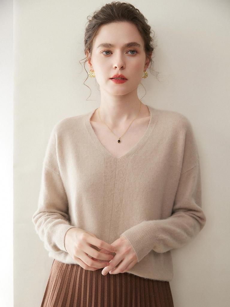 Women's V-Neck Seamless Cashmere Sweater: Brushed Finish, Long Sleeve, Solid Color